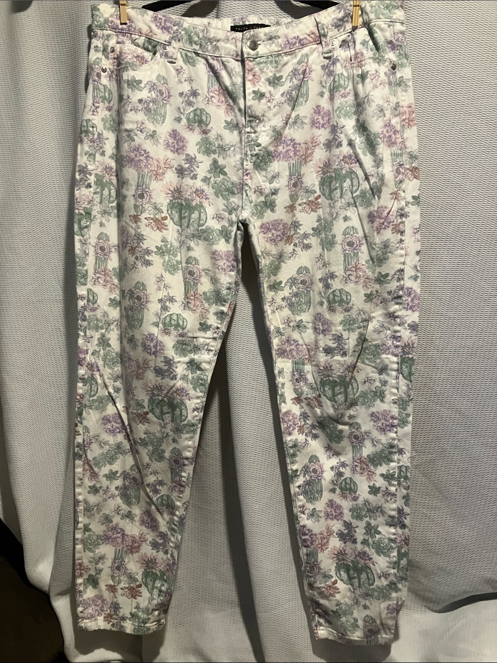 Straight Leg Floral Print Pants - White with Green & Lavender